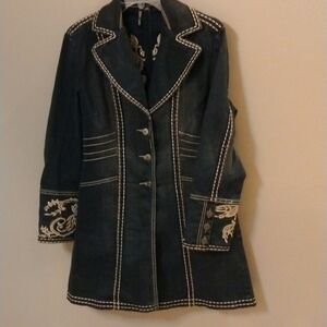 Zenim Denim knee length Denim Jacket with embroidery and rhinestones, size Med